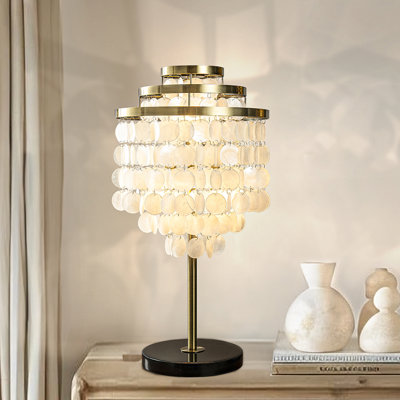 Eccleston 3-light 28'' Modern Coastal Aged Brass Natural Capiz Shell Tiered Table Lamp With Black Marble Base Glam For Girls Room Living Room Bedroom