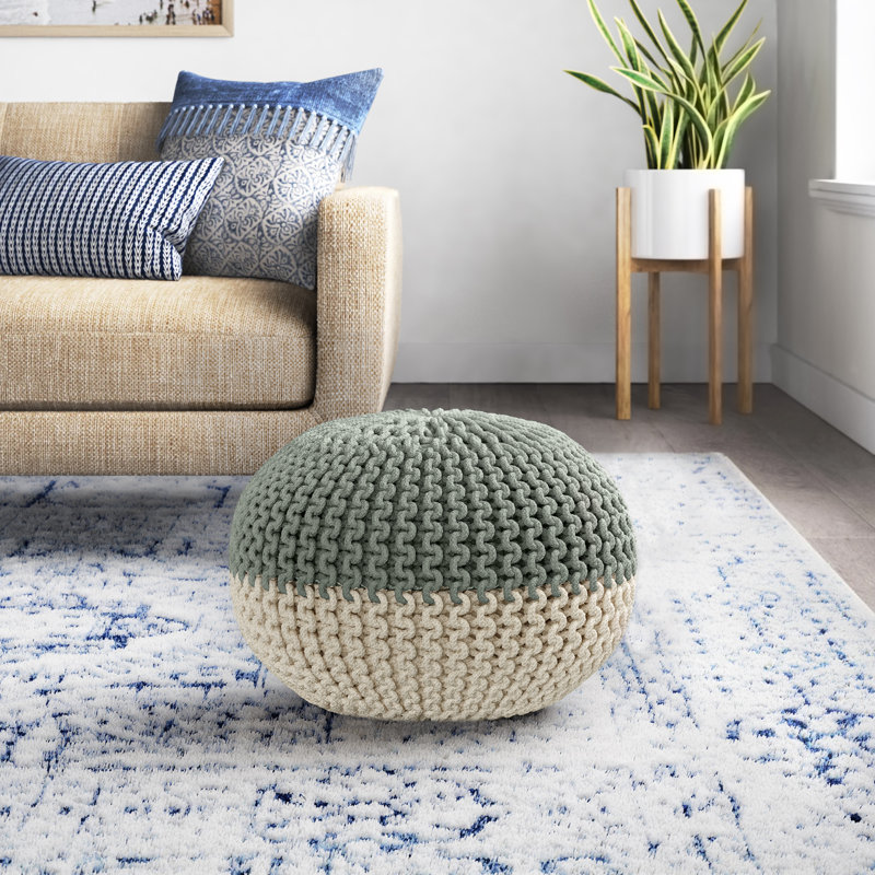 Grimes Upholstered Pouf, Mint/White