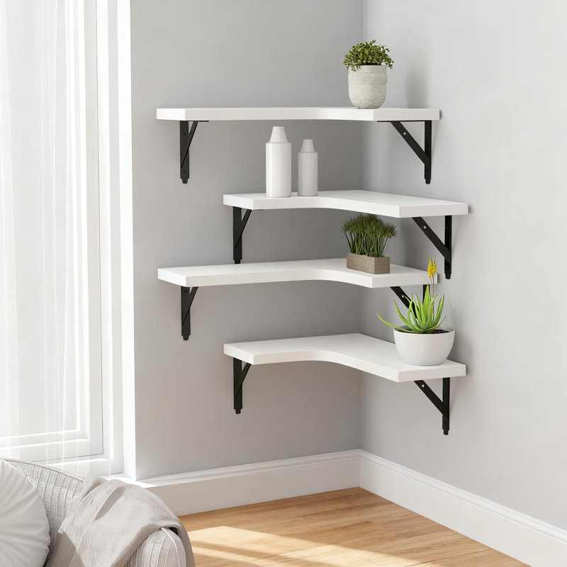 Corner Floating Shelves Set Of 4, Rustic Wood Wall Mounted Storage Display Shelves For Home Decor, Bathroom, Kitchen, Bedroom, Living Room, Office