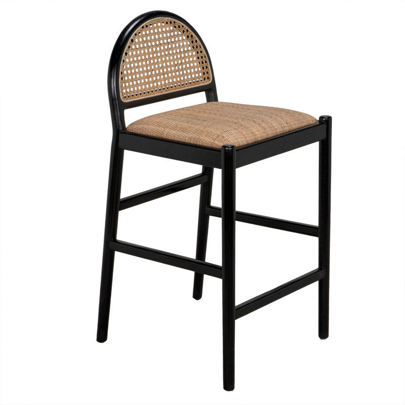 Black and Natural Wood Counter Stool with Rattan Backrest