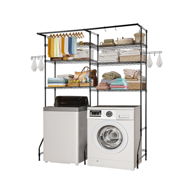Over The Washer and Dryer Storage Shelf, 6 Tier Laundry Room Drying Rack with Hanger Rod and Hooks, Adjustable Over Washer and Dryer Shelves, Laundry Room Shelf Storage Space Saver,