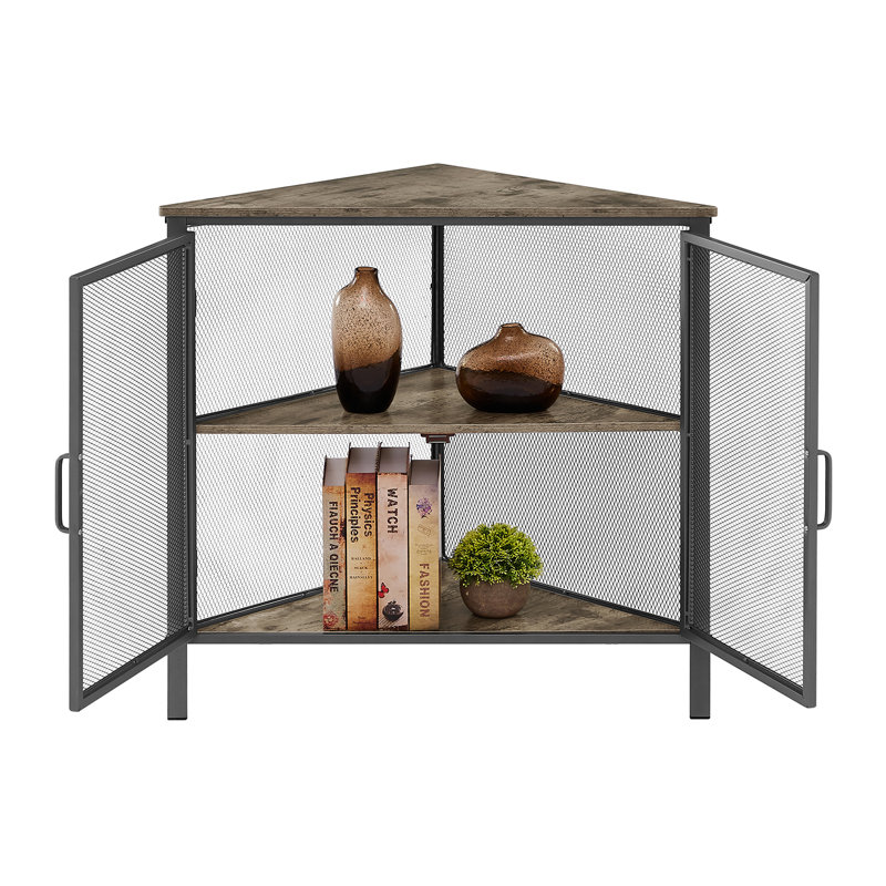 Kempst Corner End Table Shelf, 3-Tier Display Shelves with Protection Door, Metal Frame Storage Cabinet Org, Gray/Natural