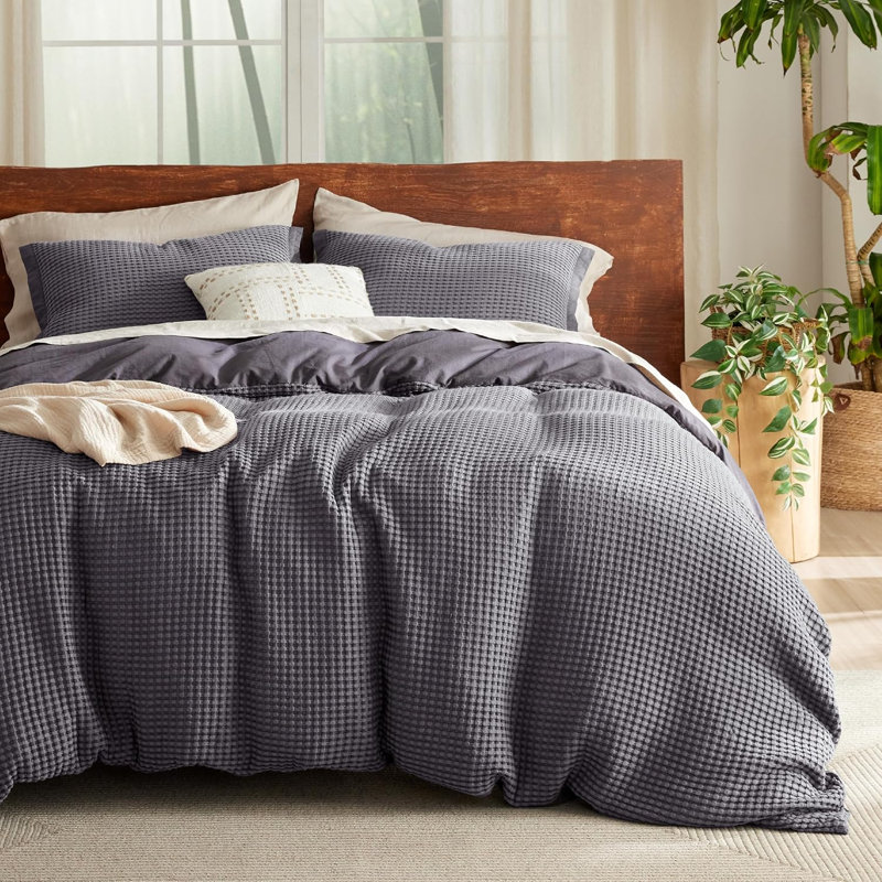Essential Bedsure Cooling Waffle Duvet Cover Ser - Cotton Blend Rayon Derived from Bamboo, Queen Duvet Cover + 2 Pillow Shams