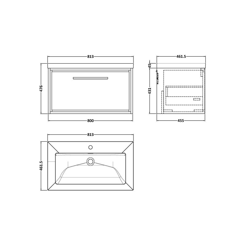 Hudson Reed Lille 800mm Antique Oak 1 Drawer  Wall Hung Vanity Unit With 1 Tap Hole Fireclay Basin, Antique Oak, 81.3cm W