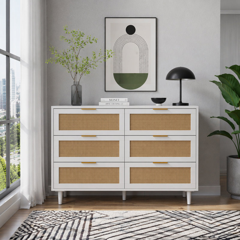 Ayanna 6 Drawer Rattan Storage Dresser, White, Gold, 29.72" H x 43.31" W x 15.75" D