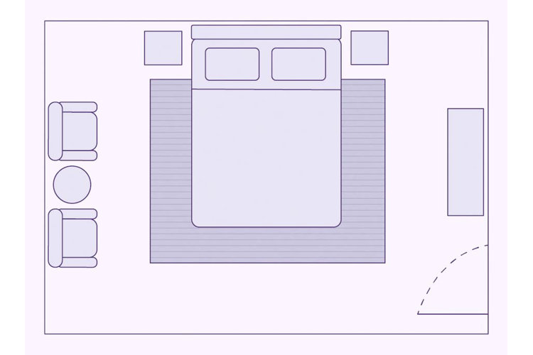 bedroom layout with a rectangular area rug under the bed
