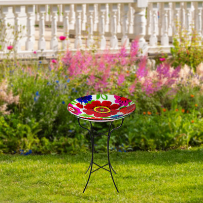 18" Red And Blue Summer Flowers Hand Painted Glass Outdoor Patio Birdbath
