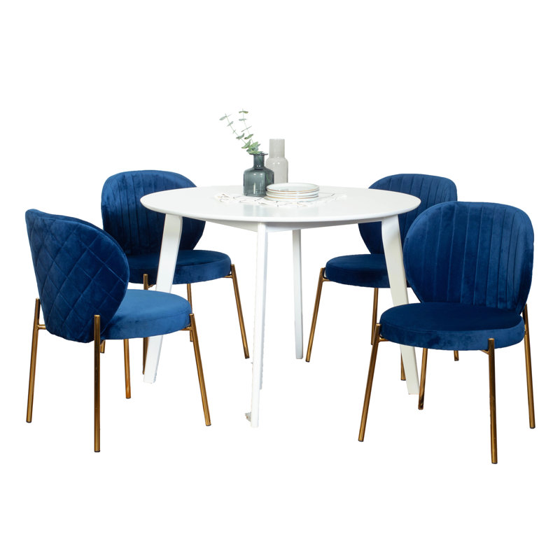 Ensemble de salle à manger contemporain 5 pièces - table ronde blanche et 4 chaises, rembourrage en velours, surface attrayante et fabrication en bois d'hévéa, siège confortable, élégant