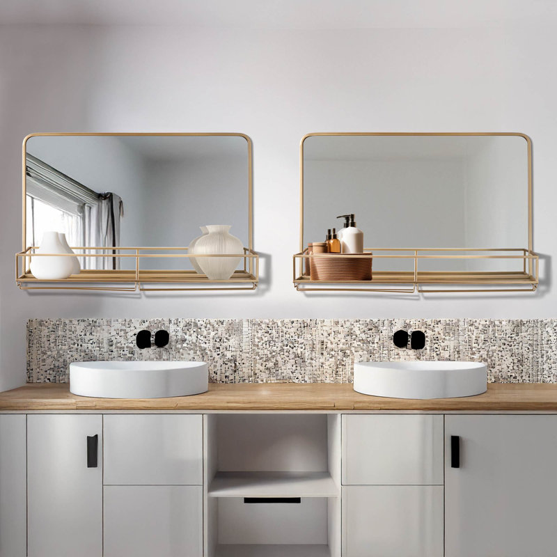 Jedson Modern Contemporary Gold Iron Metal Wall Glam Mirror with Shelf - 31x21"