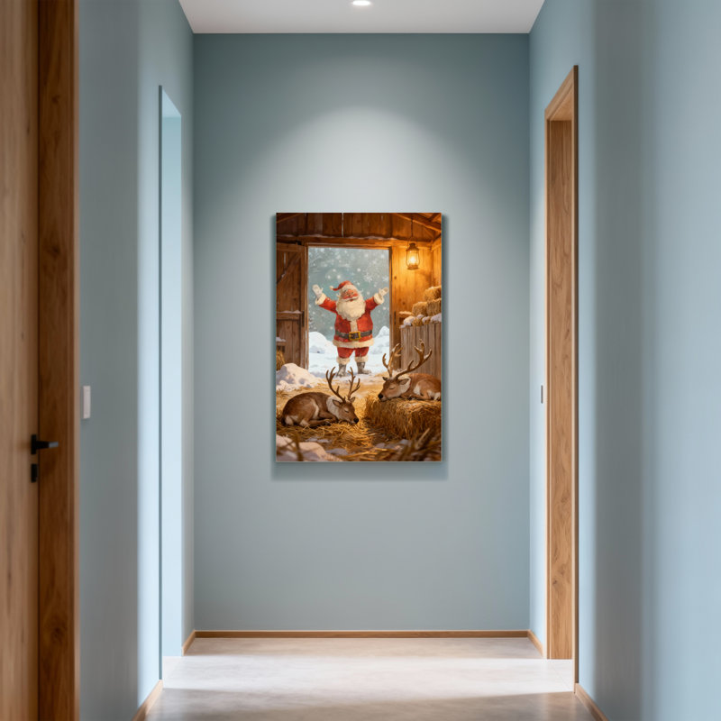 Noël, père Noël, renne, grange, scène hivernale, H 18 po x l 12 po