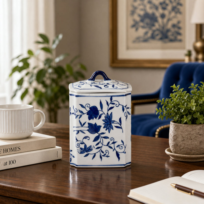 Decorative Tall Floral Box Jar with Lid for Home Decor - Classic Chinoiserie Table Jar Accent for Living Room or Entryway Styling - 9", Blue & White