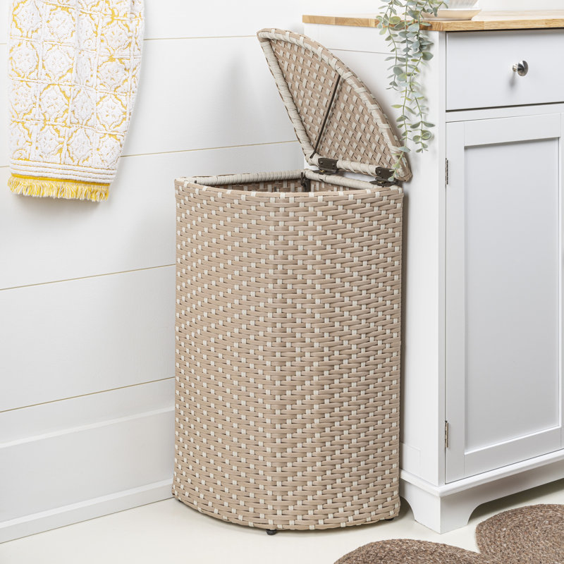 Chloe 15.56-Gallon All-Weather Wicker/Metal Corner Hideaway Outdoor Trash Can, Light Pink/White