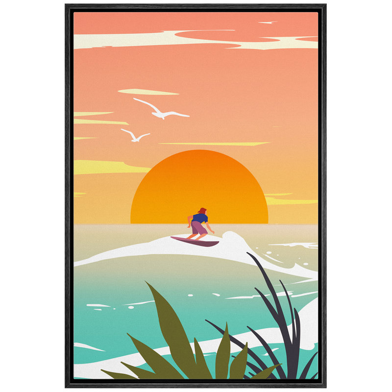 «Coastal Beach Surfing Towards The Sun», reproduction sur toile flottante, Cadre noir, H 24 po x l 16 po x P 1,5 po