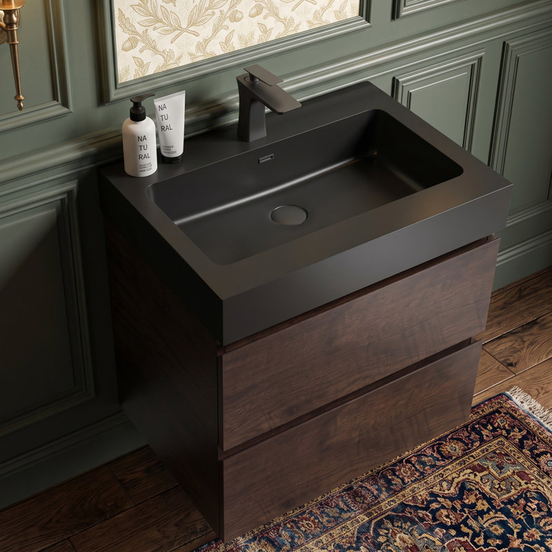 Wall Mounted Single Vanity Bathroom Vanity With Solid Surface Top, Noyer