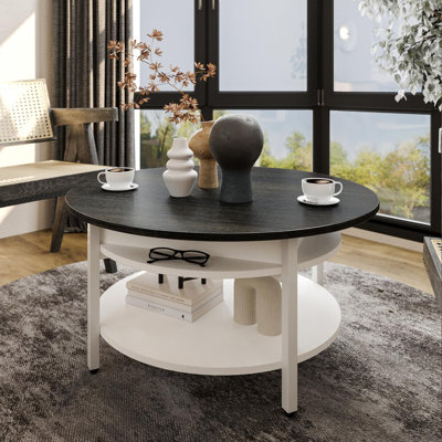 Table basse ronde à plateau relevable avec rangement caché, design campagnard à 2 niveaux pour le salon, petite table circulaire multifonctionnelle à hauteur réglable