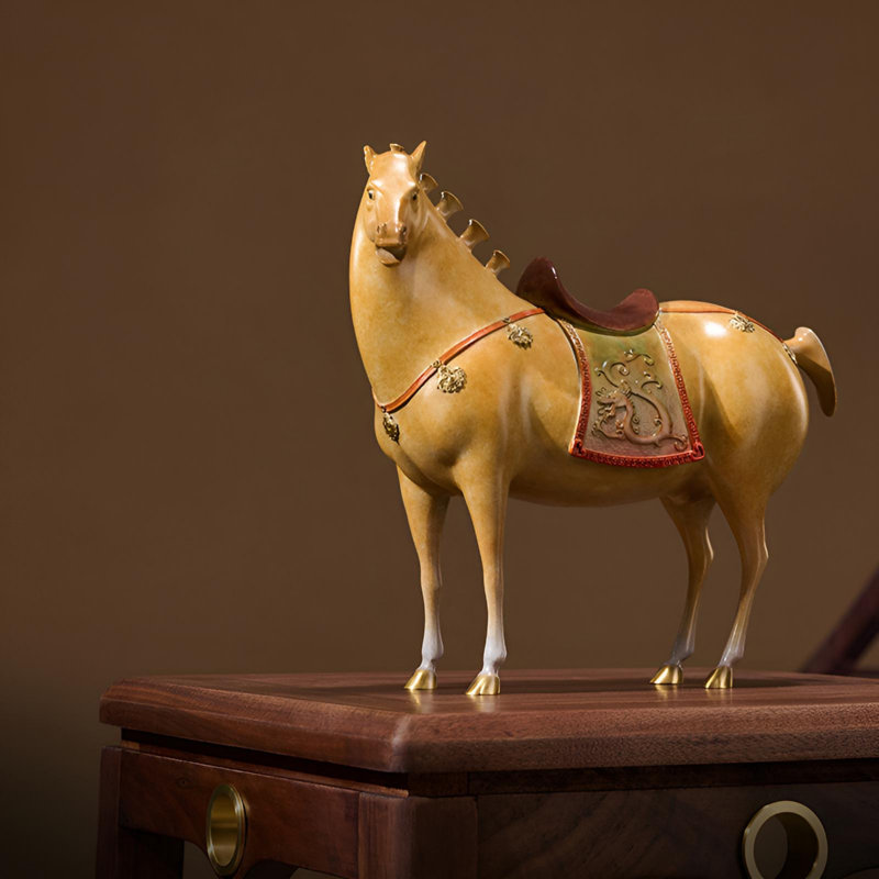 Figurine de cheval en laiton peinte à la main - décor classique d'inspiration chinoise, H 13,35 po x l 13,39 po x P 5,24 po
