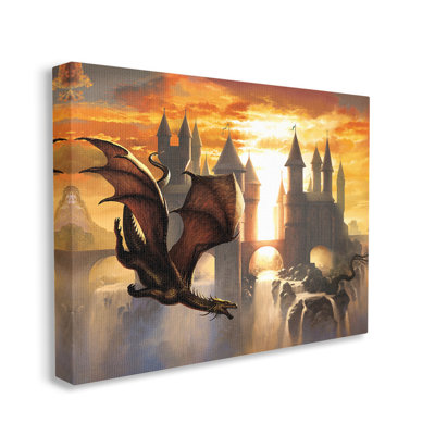 Dragon & Castle Waterfall Canvas Wall Art Design By Ciruelo