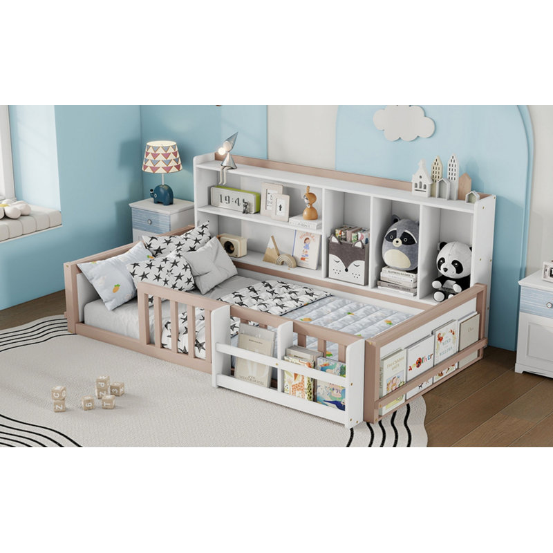 Base de lit plateforme en bois avec barrière de sécurité, tablettes de rangement latérales, Lit simple, Crème, blanc