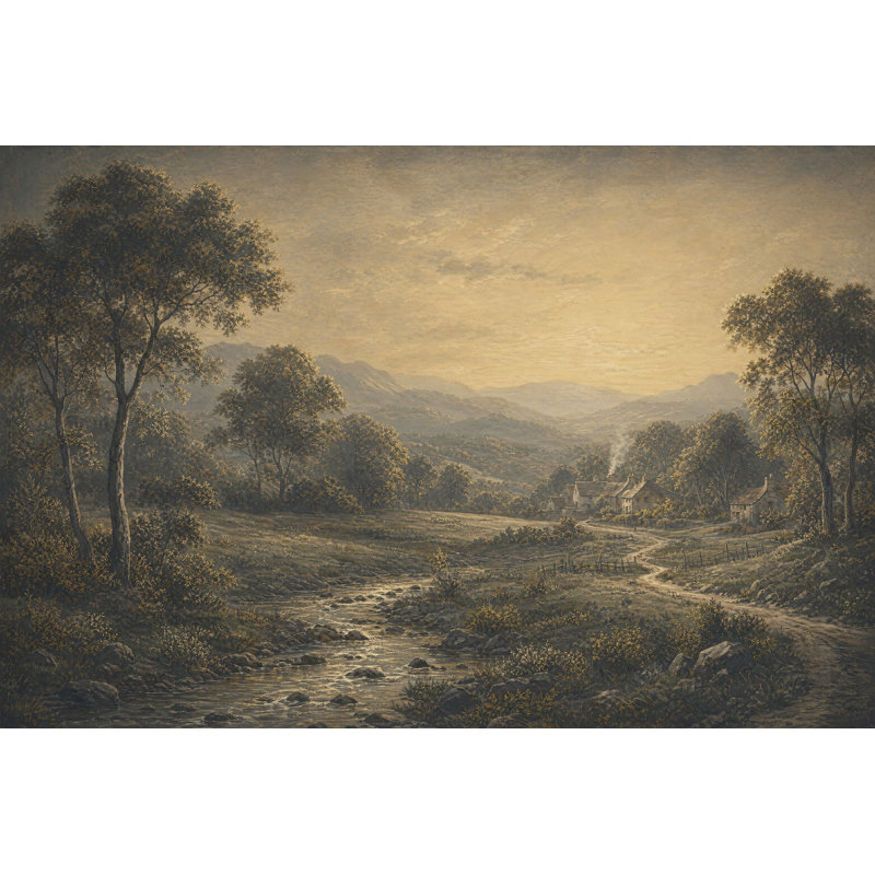 Papier peint rétro avec paysage rustique campagne sépia, 160"x108", Textured Non-Pasted