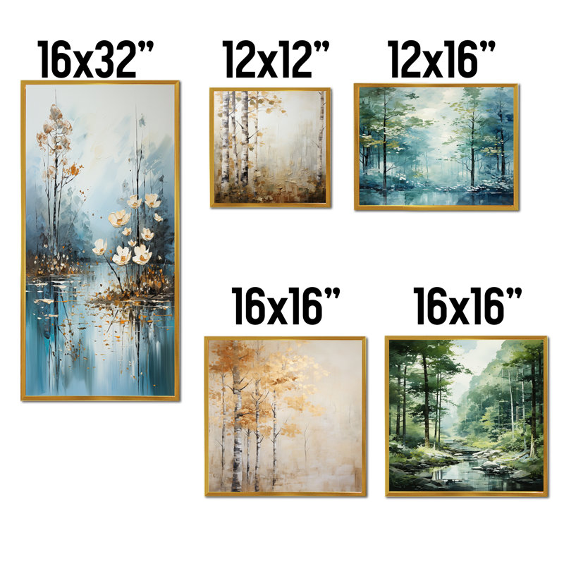 «Minimal River Forest», ensemble de 5 peintures murales liquides, Cadre flottant doré