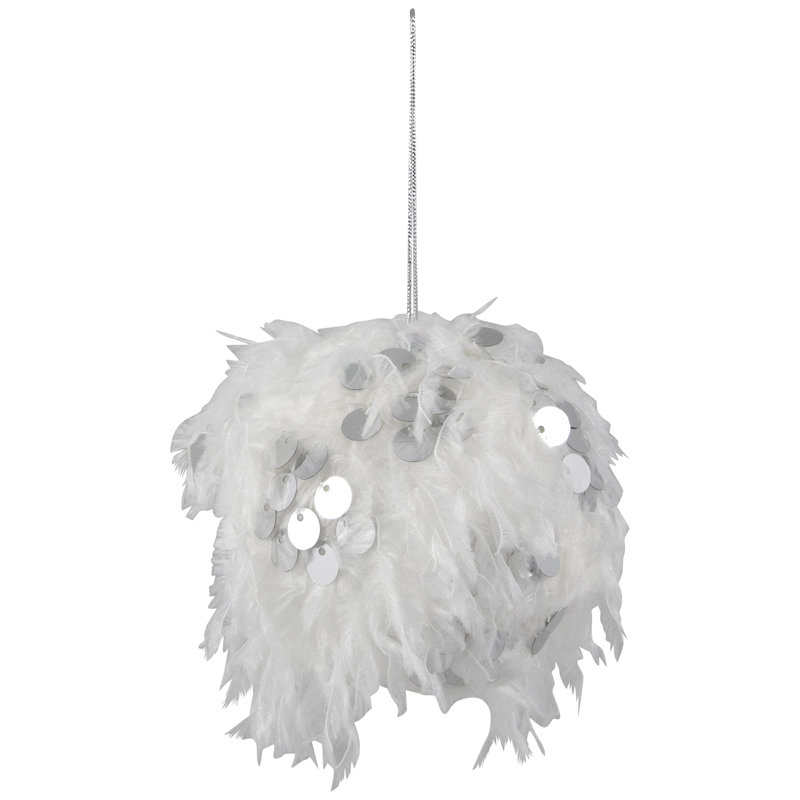 Feather Ball With Large Sequins Christmas Ornaments - 3.5" - White - Set Of 4