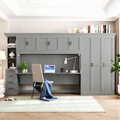 Lit escamotable simple avec armoire murale, armoire et bureau
