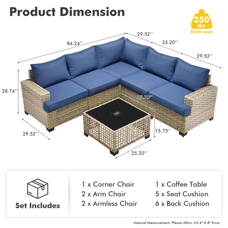Wahkon Wicker/rattan 5 - Person Wicker Sectional Seating Group with Lighted Coffee Table, Modern Modular Outdoor Conversation Set with Cushions