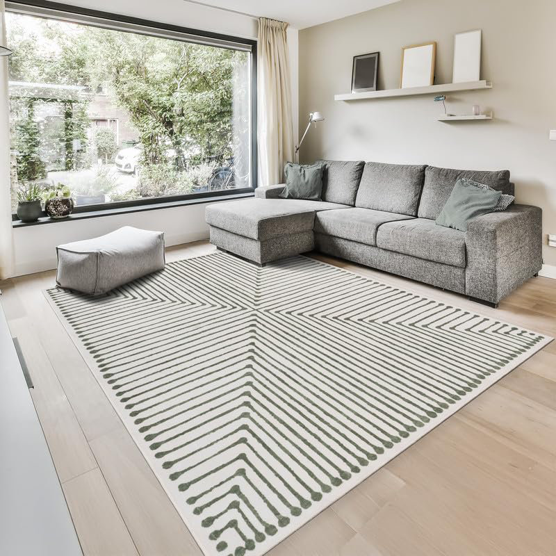Milet - Indoor, Machine Washable Area Rug - 3'x5' Green Beige Home Carpet, Rectangle 3' x 5'