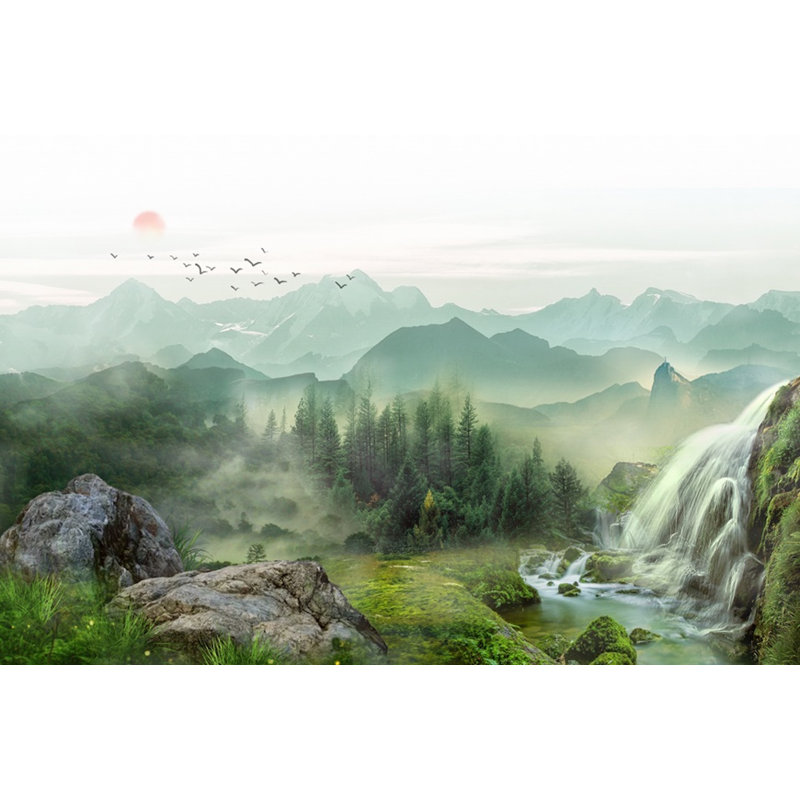 Murale à peindre cascade paysage brumeux au lever du soleil, L 6,25 pi x l 9,33 pi