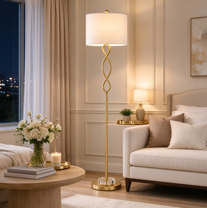 Lampe sur pied Glam Crystal Gold avec éclairage à 3 voies, abat-jour en lin pour la décoration de l'espace de vie (ampoule non incluse)