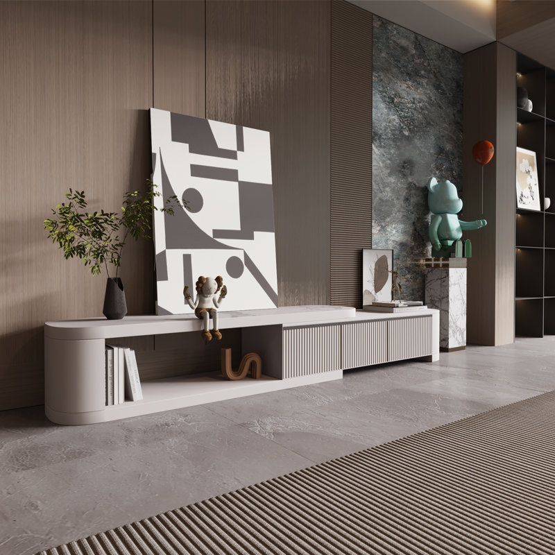 Cogliandro 70.86''-122''W Modern Solid Wood TV Stand With Faux Marble Countertop, Media Console Extendable With 3 Drawers, No-Assembly Required