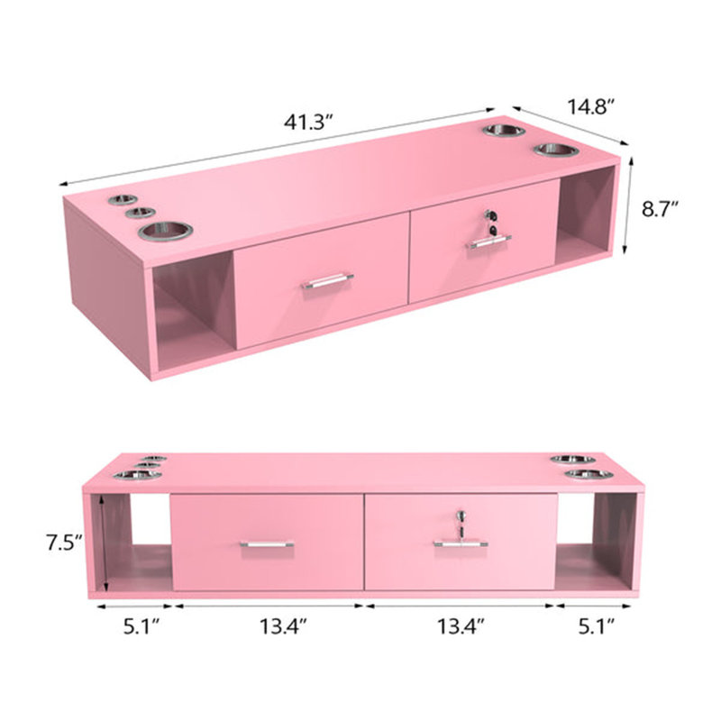 Wall Mount Salon Styling Station With 2 Lockable Drawers, Pink
