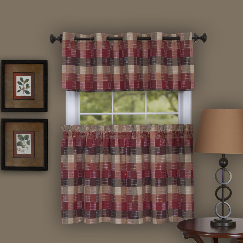 Woven Trends Adoxa Plaid Tailored Tier and Valance Window Curtain Set, Burgundy, 58" W x 14" L