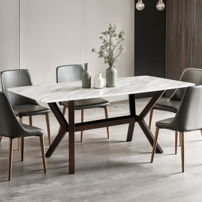 71 inch Marble Dining Table, Modern Dinner Table with Solid Wood Base for Living Room