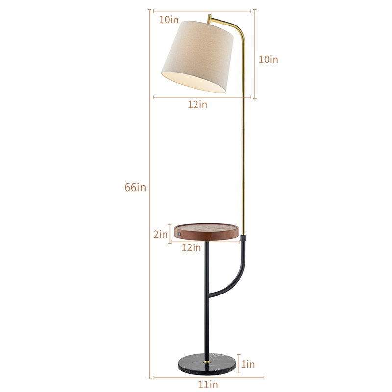 Lampe sur pied moderne Leeward 66 po avec plateau rond en bois massif et port USB, laiton poli et cadre en métal noir mat, lampe sur pied en marbre noir pour chambre à coucher, salon et bureau