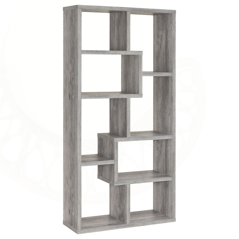 Bibliothèque géométrique à 7 tablettes Driftwood avec finition durable résistante aux égratignures pour une présentation moderne et organisée