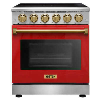 KOSTCH 30" Professional Electric Range with 5 Heating Elements Cooktop, 4.55 Cu. Ft. Convection Oven Capacity, Smooth Glass Top Oven in Red with Bronze Accents