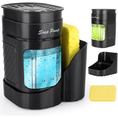 Distributeur de savon de cuisine 411 ml, ensemble 3 en 1 avec porte-éponge et bac à savon, ABS sans BPA, plateau anti-fuites amovible et éponge en bois.