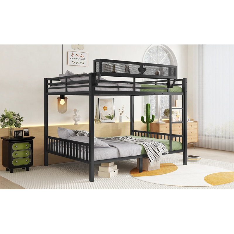Queen Over Queen Metal Bunk Bed With Ladder And Storage Shelf For Adults Teens,Black
