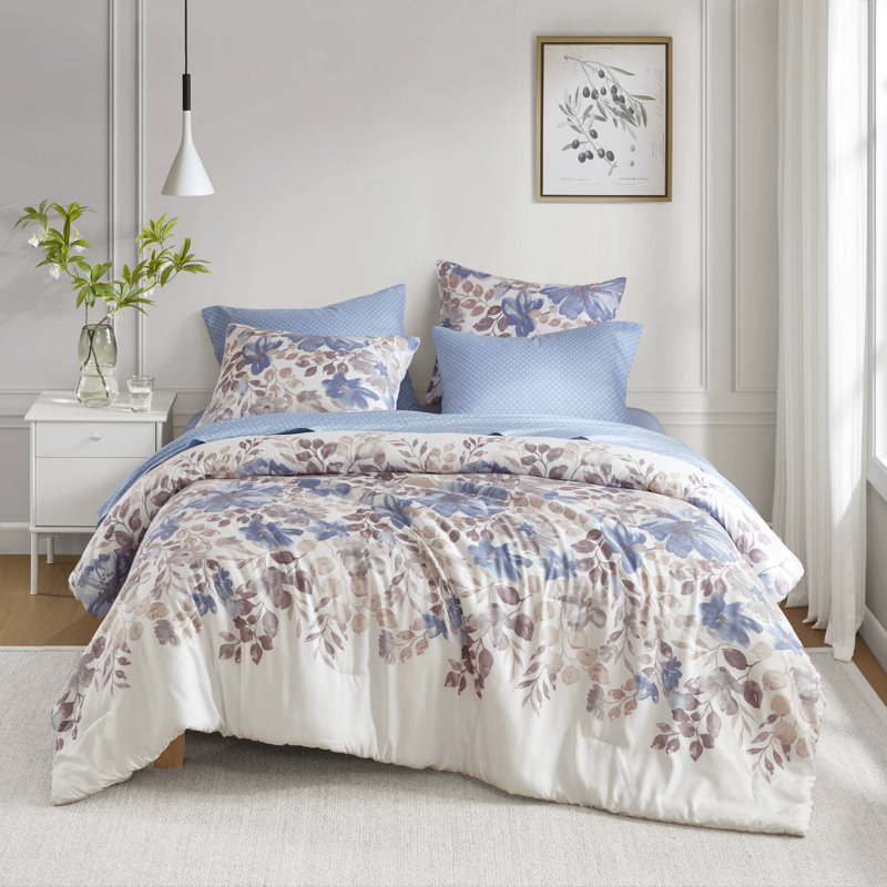 Ensemble d'édredon floral avec draps Luna, Bleu, Édredon très grand + 2 taies décoratives + 2 ta