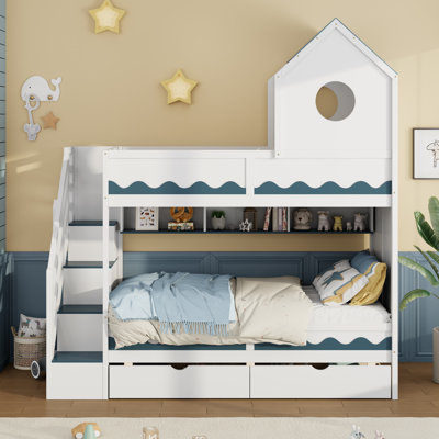 Twin Over Twin Bunk Bed with House, Staircase, Drawers & LED Lights,White