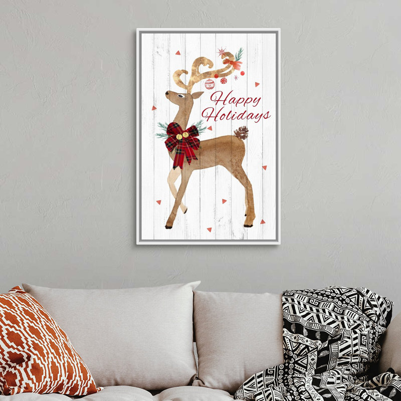 «Happy Hoildays Deer», reproduction d'art textuel sur toile, H 38 po x l 26 po x P 1,75 po, Cadre blanc