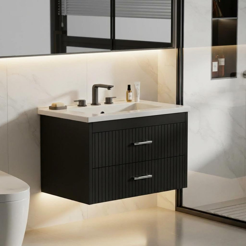30" Wall-Mounted Bathroom Vanity with Sink, Floating Storage Cabinet with 2 Drawers, Space-Saving Design, Matte Black