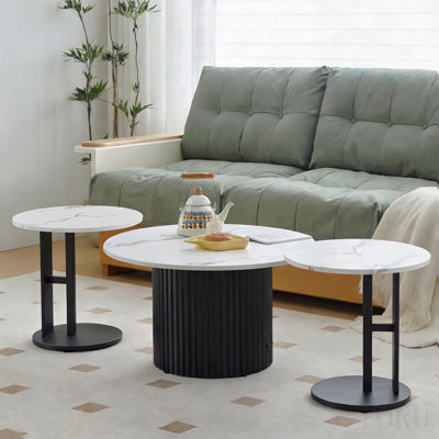 Ensemble de 3 tables basses, tables basses gigognes modernes avec plateau en faux marbre et pieds en métal, tables basses et tables d'appoint rondes avec design nervuré pour le salon, petit appartement