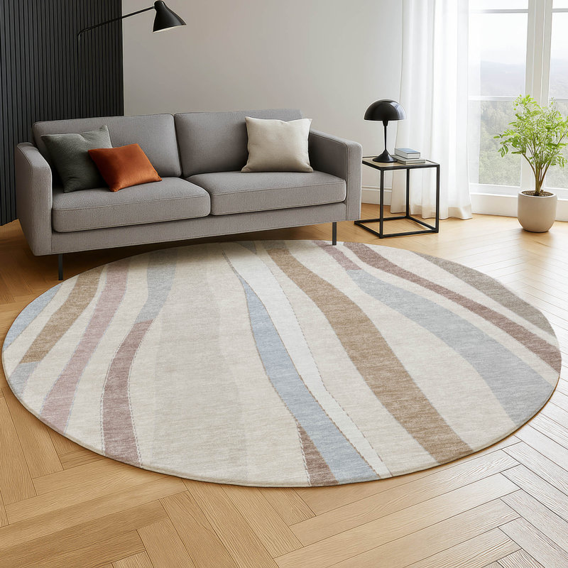 Premium Machine Washable Mayfield AMF2188 Striped Rug, Beige, 8' Round