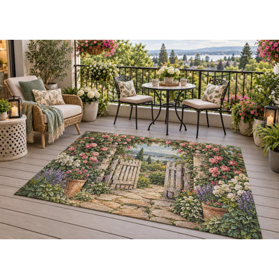 Tapis d'extérieur 152 x 213 cm (5' x 7') Rose Garden Gate, épais, imperméable, en PVC bouclé, résistant, séchage rapide, idéal pour terrasse, balcon, entrée, VR ou autre espace extérieur.