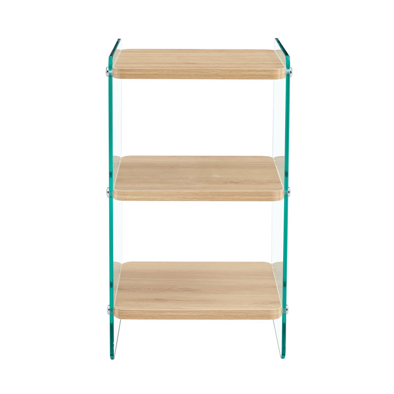 Three-layer bedside cabinet: mdf with wood stickers, tempered glass sides, simple elegant design, ample storage (110 characters)