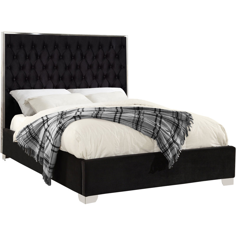 Spadaro Upholstered Platform Bed, Black Velvet, Silver, Full