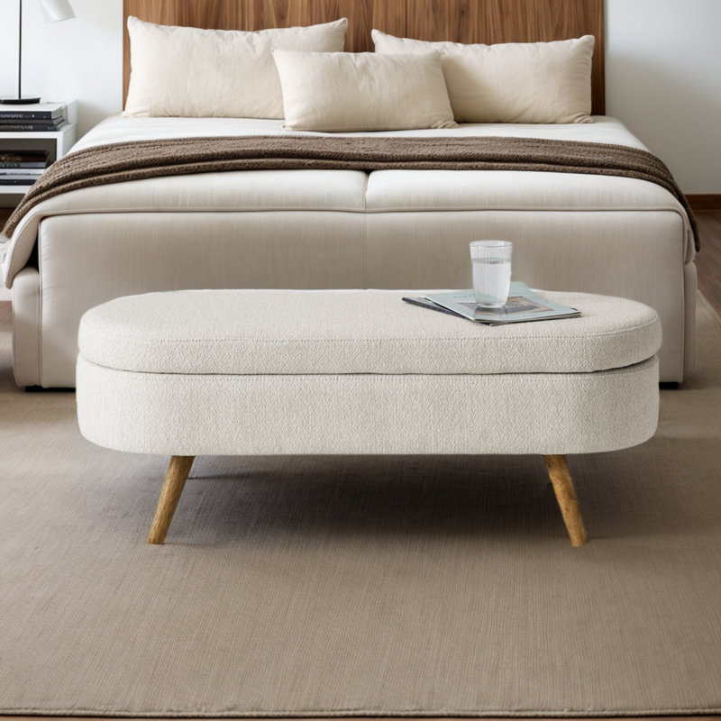 Ottoman Oval Storage Bench with Rubber Wood Legs, Beige Linen