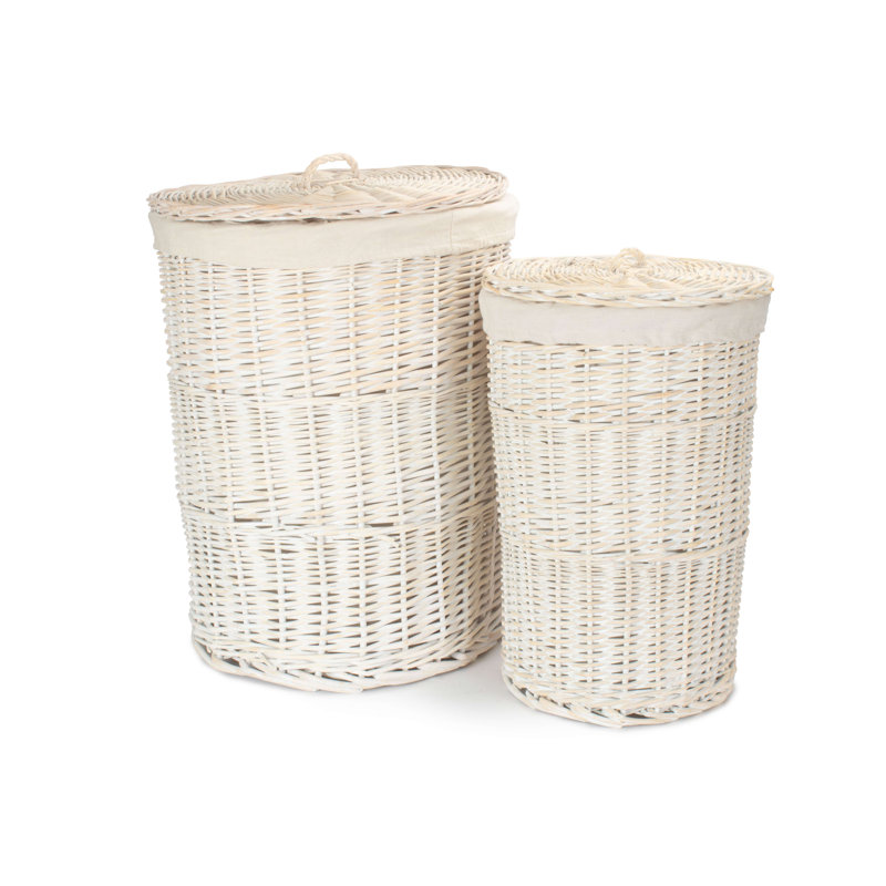 Wicker 2 Piece Lined Laundry Basket Set, White Wash